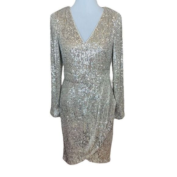 Calvin Klein Long Sleeve Faux Wrap Sequin Knee Length Dress Champagne Beige Gold - Picture 1 of 13